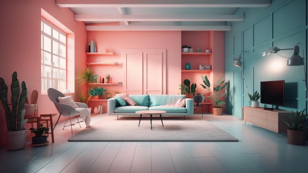 Ein Wohnzimmer mit einem blauen Sofa und einer rosa Wand, die „Zuhause“ sagt.