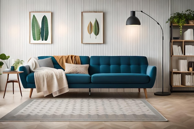 Ein Wohnzimmer mit einem blauen Sofa und einer schwarzen Lampe an der Wand.