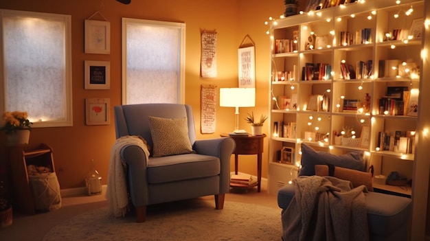 Ein Wohnzimmer mit einem blauen Stuhl und einem Bücherregal mit Weihnachtsbeleuchtung an der Wand.