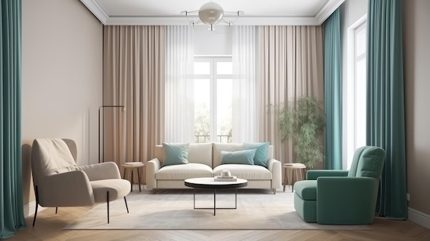 Ein Wohnzimmer mit einem blauen Vorhang und einem grünen Sofa.