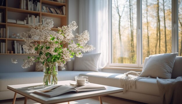 Ein Wohnzimmer mit einem Buch auf einem Tisch und einer Blumenvase auf einem Couchtisch.