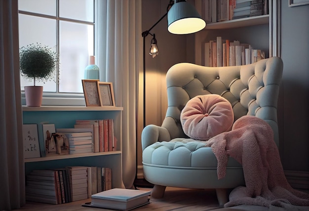 Ein Wohnzimmer mit einem Bücherregal und einer Lampe, auf der „Zuhause“ steht