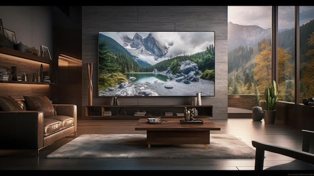 Ein Wohnzimmer mit einem Fernseher an der Wand und einer Bergszene an der Wand.