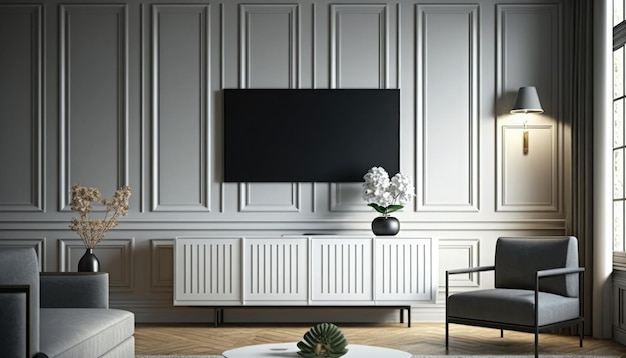 Ein Wohnzimmer mit einem Fernseher an der Wand und einer Blumenvase an der Wand.