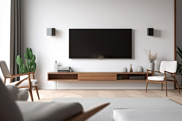 Ein Wohnzimmer mit einem Fernseher an der Wand und einer Pflanze an der Seite.