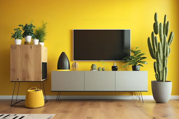 Ein Wohnzimmer mit einem Fernseher an der Wand und einer Pflanze an der Wand.