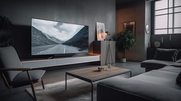Ein Wohnzimmer mit einem Fernseher, auf dem ein Bergbild zu sehen ist.