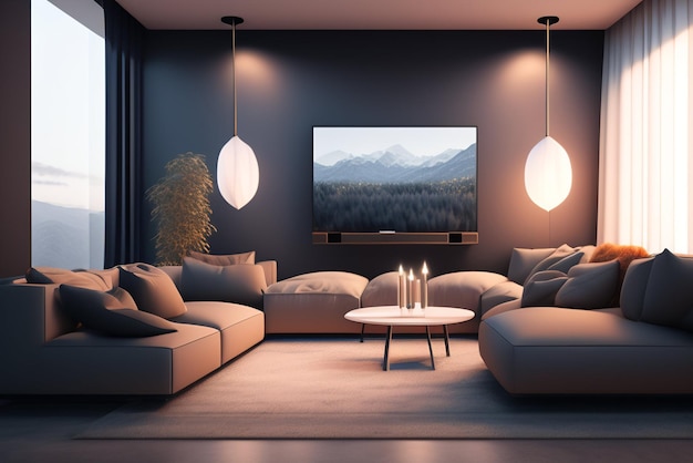 Ein Wohnzimmer mit einem Fernseher und einer Couch mit Tisch und zwei Lampen.