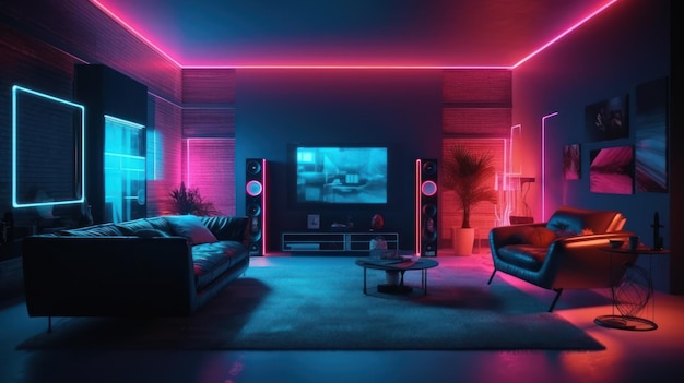 Ein Wohnzimmer mit einem Fernseher und Neonlichtern an der Wand.