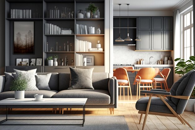 Ein Wohnzimmer mit einem grauen Sofa und einer grauen Couch mit weißem Tisch und Stühlen.