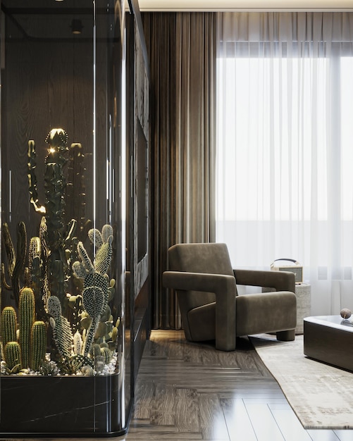 Ein Wohnzimmer mit einem großen Aquarium mit einem Kaktus darin.