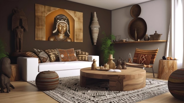 Ein Wohnzimmer mit einem großen Bild eines Buddha an der Wand.