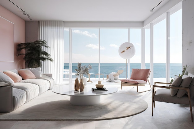 Ein Wohnzimmer mit einem großen Fenster, auf dem „der Strand“ steht