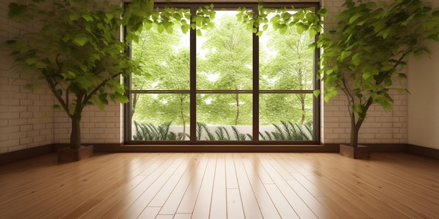 Ein Wohnzimmer mit einem großen Fenster mit Blick auf die Bäume draußen.