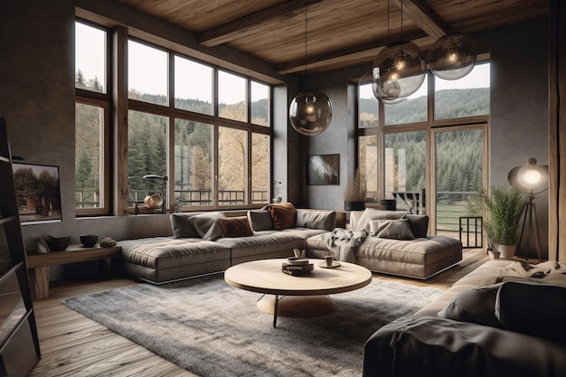 Ein Wohnzimmer mit einem großen Fenster mit Blick auf die Berge in der Ferne.