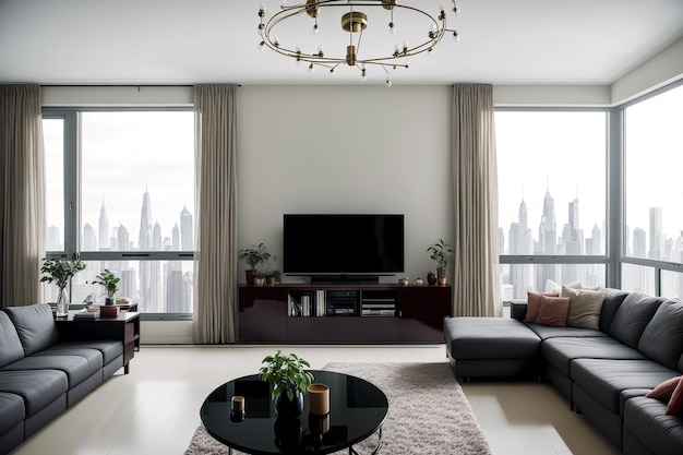 Ein Wohnzimmer mit einem großen Fenster und einem Fernseher an der Wand, auf dem „Die Stadt Dubai“ steht.