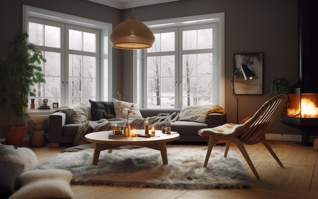 Ein Wohnzimmer mit einem großen Fenster und einer Couch mit einer Lampe darauf.