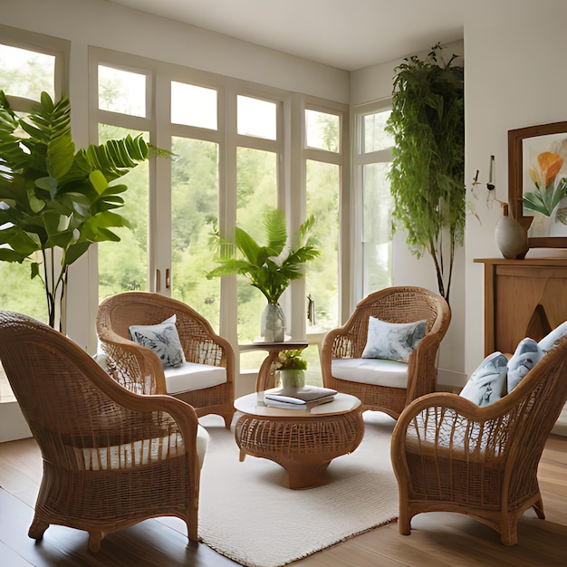 ein Wohnzimmer mit einem großen Fenster und einer Pflanze in der Ecke