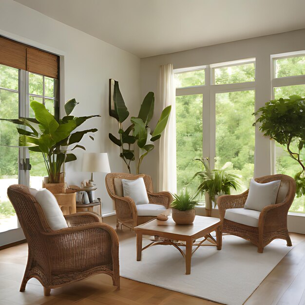 ein Wohnzimmer mit einem großen Fenster und einer Pflanze in der Ecke