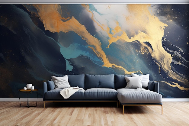 ein Wohnzimmer mit einem großen Gemälde an der Wand