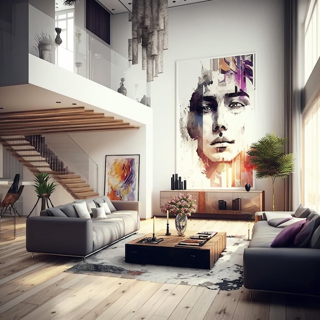 Ein Wohnzimmer mit einem großen Gemälde eines Mannes an der Wand.