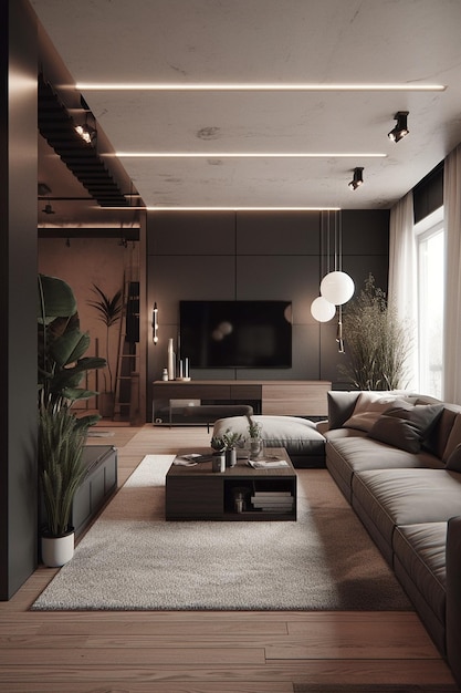 Ein Wohnzimmer mit einem großen grauen Sofa und einer schwarzen Wand, auf der ein großer Fernseher steht.