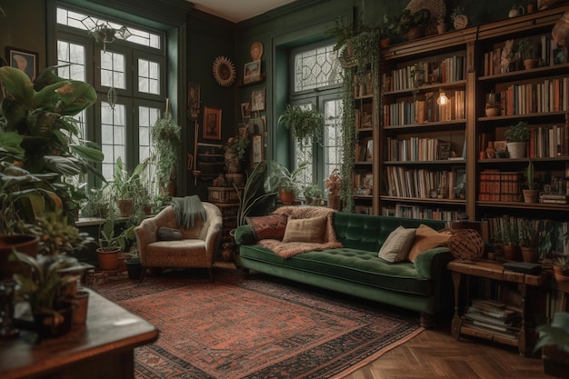 Ein Wohnzimmer mit einem grünen Sofa und einem Bücherregal voller Bücher.