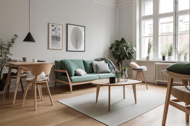Ein Wohnzimmer mit einem grünen Sofa und einem Couchtisch mit einer Pflanze darauf.