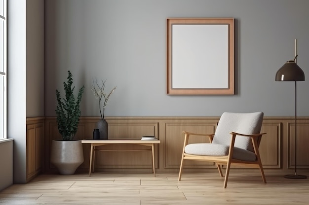 Ein Wohnzimmer mit einem Holztisch und einem Stuhl.