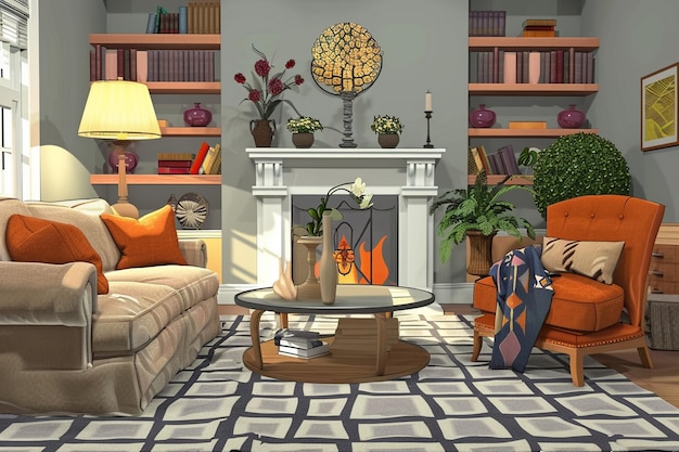ein Wohnzimmer mit einem Kamin und einem Stuhl mit einem Bücherregal in der Ecke