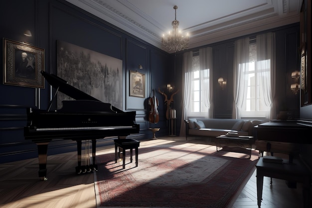Ein Wohnzimmer mit einem Klavier in der Mitte