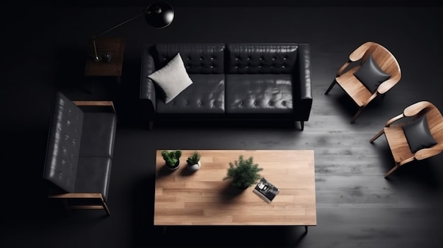 Ein Wohnzimmer mit einem schwarzen Sofa, einem Couchtisch, einer Lampe und einer Couch.