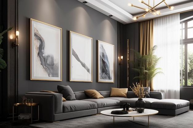 Ein Wohnzimmer mit einem schwarzen Sofa und einem Couchtisch mit einer goldenen Lampe an der Wand.