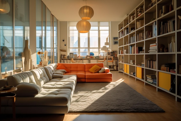 Ein Wohnzimmer mit einem Sofa-Buchregal und einem Bücherregal