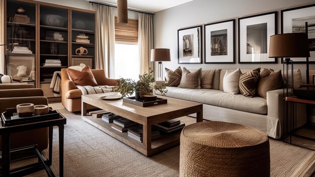 ein Wohnzimmer mit einem Sofa, einem Kaffeetisch und einer Lampe
