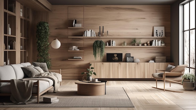 Ein Wohnzimmer mit einem Sofa und einem Tisch mit einer Pflanze an der Wand
