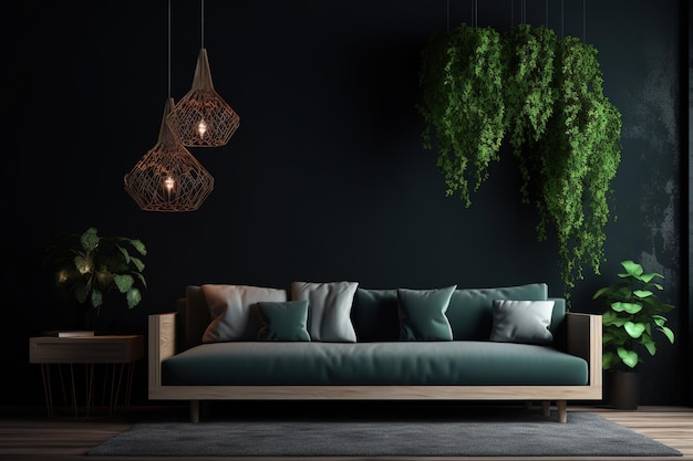 Ein Wohnzimmer mit einem Sofa und einer Pflanze, die von der Decke hängt.