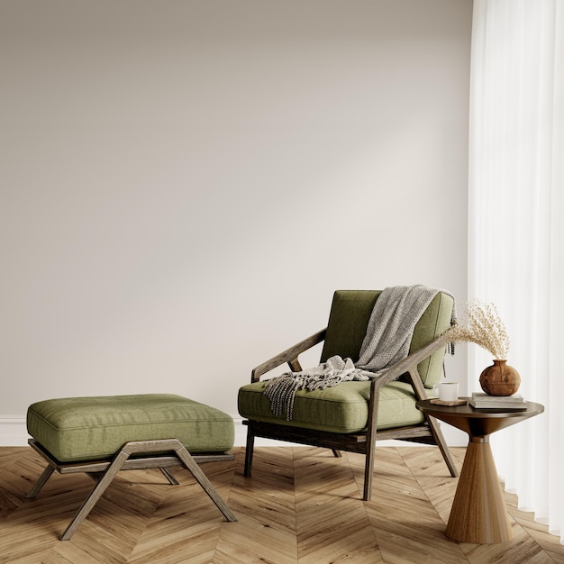 ein Wohnzimmer mit einem Stuhl und einem Tisch mit einer Lampe