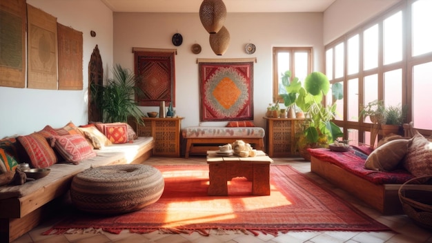Ein Wohnzimmer mit einem Teppich und einem Teppich mit einem Schild mit der Aufschrift Marrakesch.
