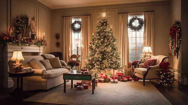 Ein Wohnzimmer mit einem Weihnachtsbaum und einem Kamin.