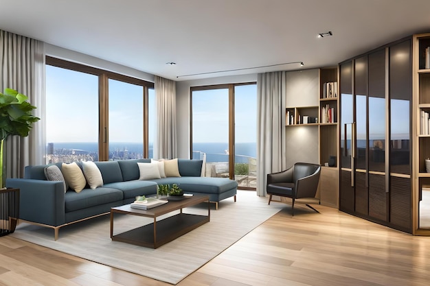 Ein Wohnzimmer mit einer blauen Couch und einem Couchtisch mit einem großen Fenster, auf dem „die Stadt Chicago“ steht.