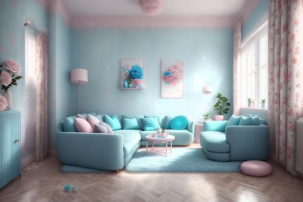 Ein Wohnzimmer mit einer blauen Couch und einem Couchtisch mit einer Blumenvase darauf.