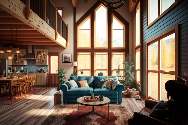 Ein Wohnzimmer mit einer blauen Couch und einem Couchtisch vor einem Fenster.