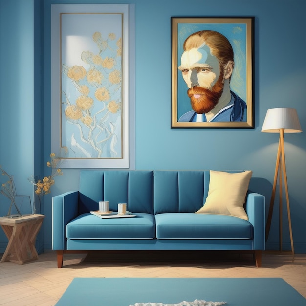 Ein Wohnzimmer mit einer blauen Couch und einem Gemälde an der Wand