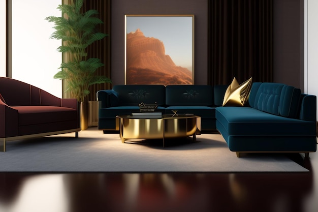 Ein Wohnzimmer mit einer blauen Couch und einem goldenen Couchtisch.