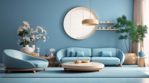 ein Wohnzimmer mit einer blauen Couch und einem runden Spiegel