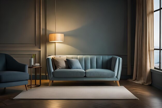 ein Wohnzimmer mit einer blauen Couch und einer Lampe