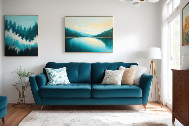 Ein Wohnzimmer mit einer blauen Couch und einer weißen Wand mit einem Gemälde darauf