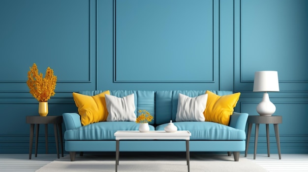 Ein Wohnzimmer mit einer blauen Couch und gelben Kissen