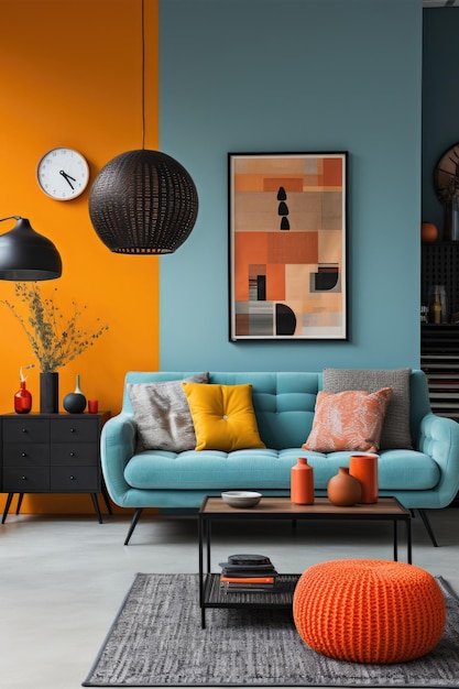 Ein Wohnzimmer mit einer blauen Couch und orangefarbenen Akzenten